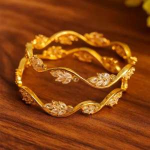 Leaf inspired wave design gold bangles with marquise diamonds delicate craft