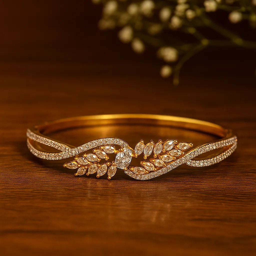 Leaf pattern diamond bracelet in gold finish with elegant marquise design for timeless luxury style