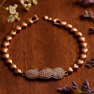 Rose Gold Heart Link Triple Oval CZ Pave Bracelet