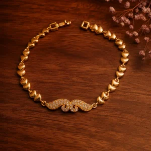 Gold Heart Link CZ Wave Bar Bracelet