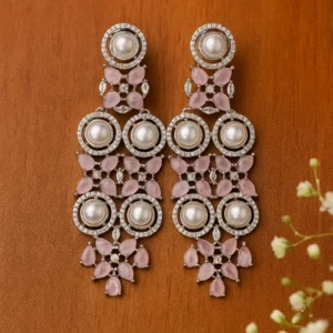 Pearl and rose quartz designer long earrings with diamond finish for elegant evening look