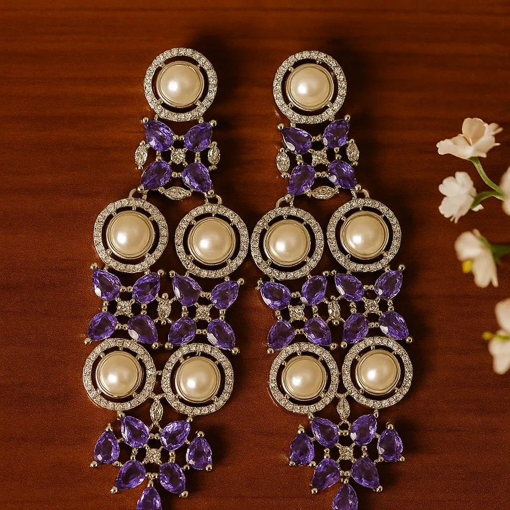 Pearl and amethyst designer long earrings with diamond sparkle for festive occasions