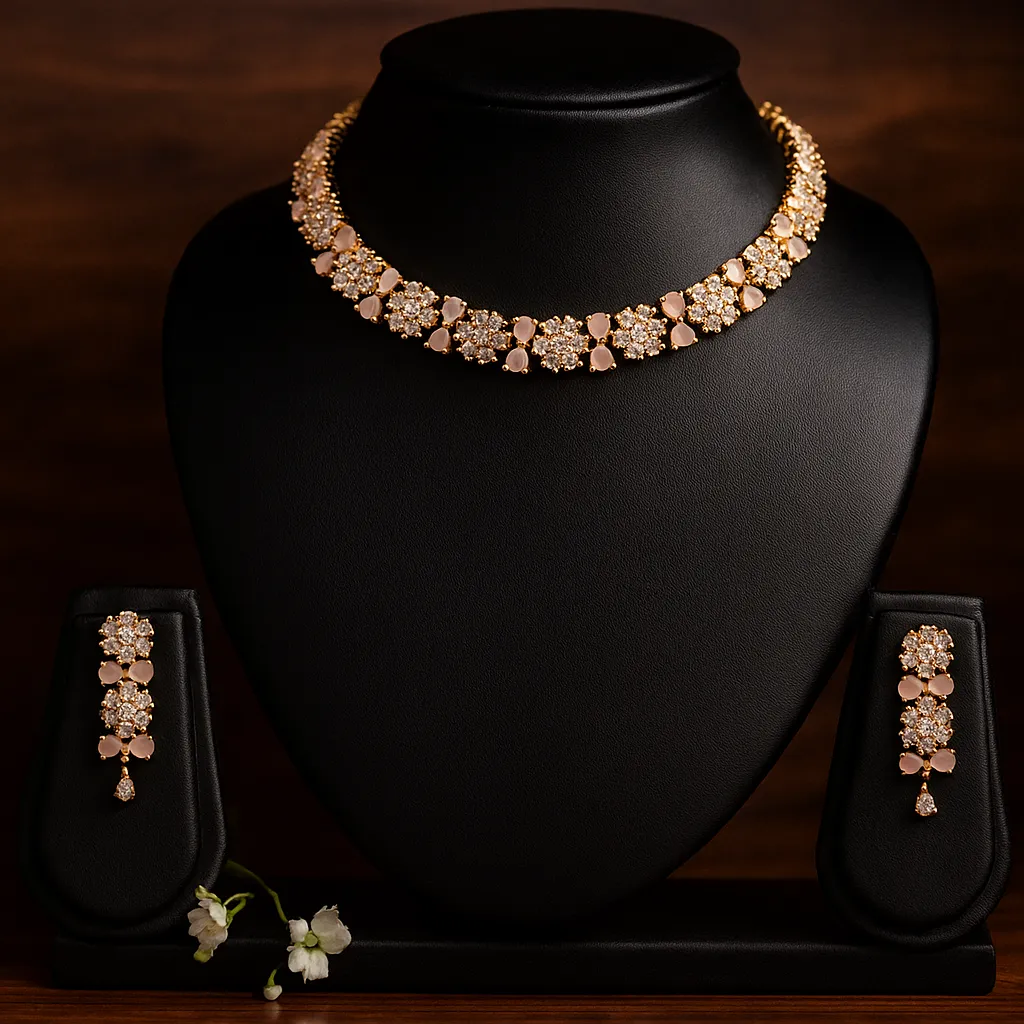 Delicate rose gold floral diamond choker necklace set|