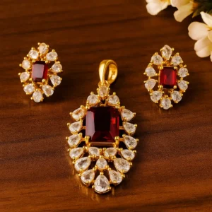 Ruby Red Stone Pendant Earring Set