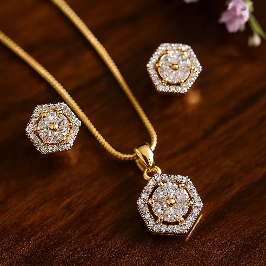 Hexagon Shape Pendant Earring Set