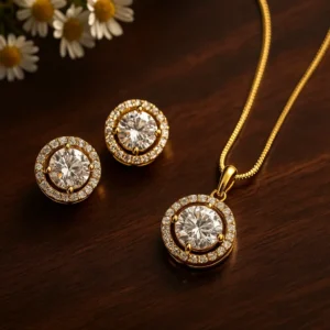 Round Halo Cubic Zirconia Pendant Earring Set
