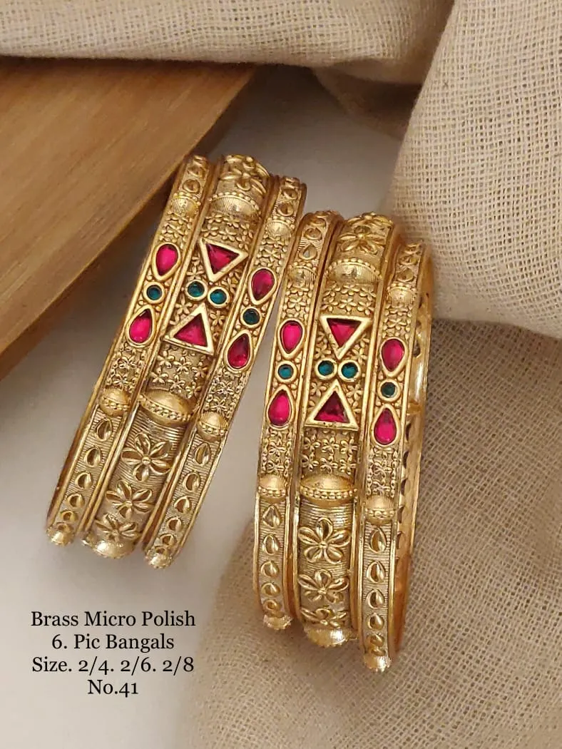 designer micro polish gold bangles with pink and green stones