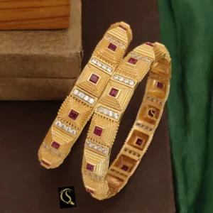 Geometric pattern kadli bangles with ruby and cz highlights