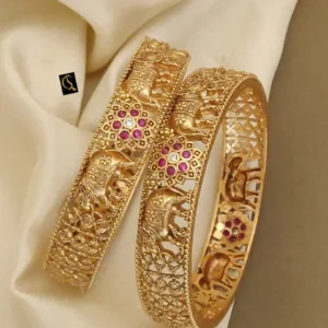 Elephant motif kadli bangles with floral stone clusters