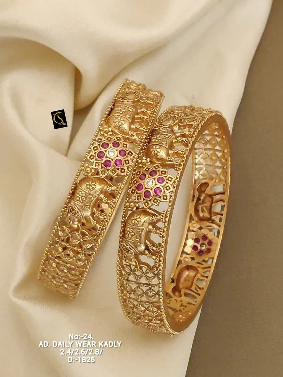 Elephant motif kadli bangles with floral stone clusters