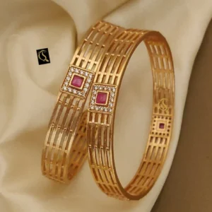 Designer wide panel kadli bangles with ruby and cz clusters
