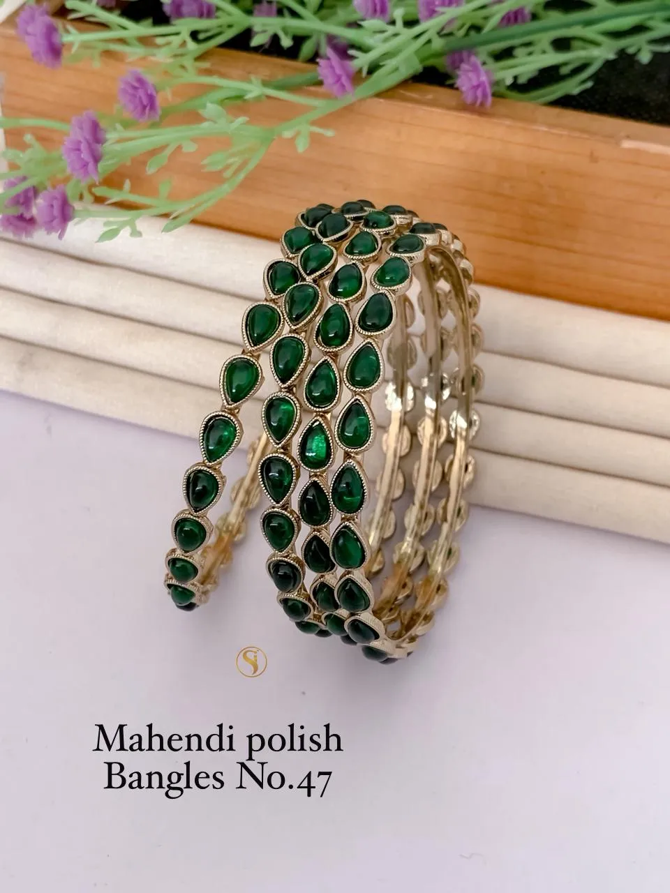 Mahendi polish green teardrop festive wear bangles
