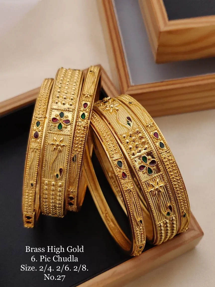 brass high gold six piece chudla floral engraved bangles
