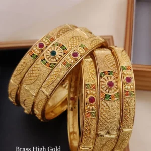 Brass high gold chudla bangles with multicolor stone detailing and fine handcrafted texture