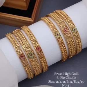 Brass high gold chudla bangles with delicate carving and multicolor floral highlights