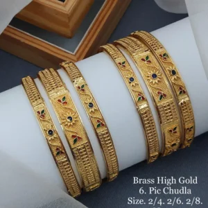 Brass high gold chudla bangles with classic floral cutwork and blue stone center