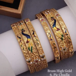 Brass high gold peacock design chudla bangles with multicolor enamel and premium carving