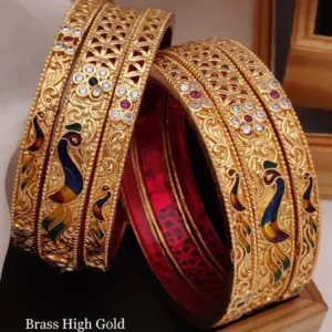Brass high gold peacock motif chudla bangles with stone stud accents for festive styling