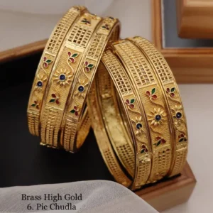 Brass high gold chudla bangles with blue stone floral accents and intricate detailing