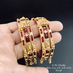 Traditional red chudla bangles with gold plating stone accents and handcrafted festival design