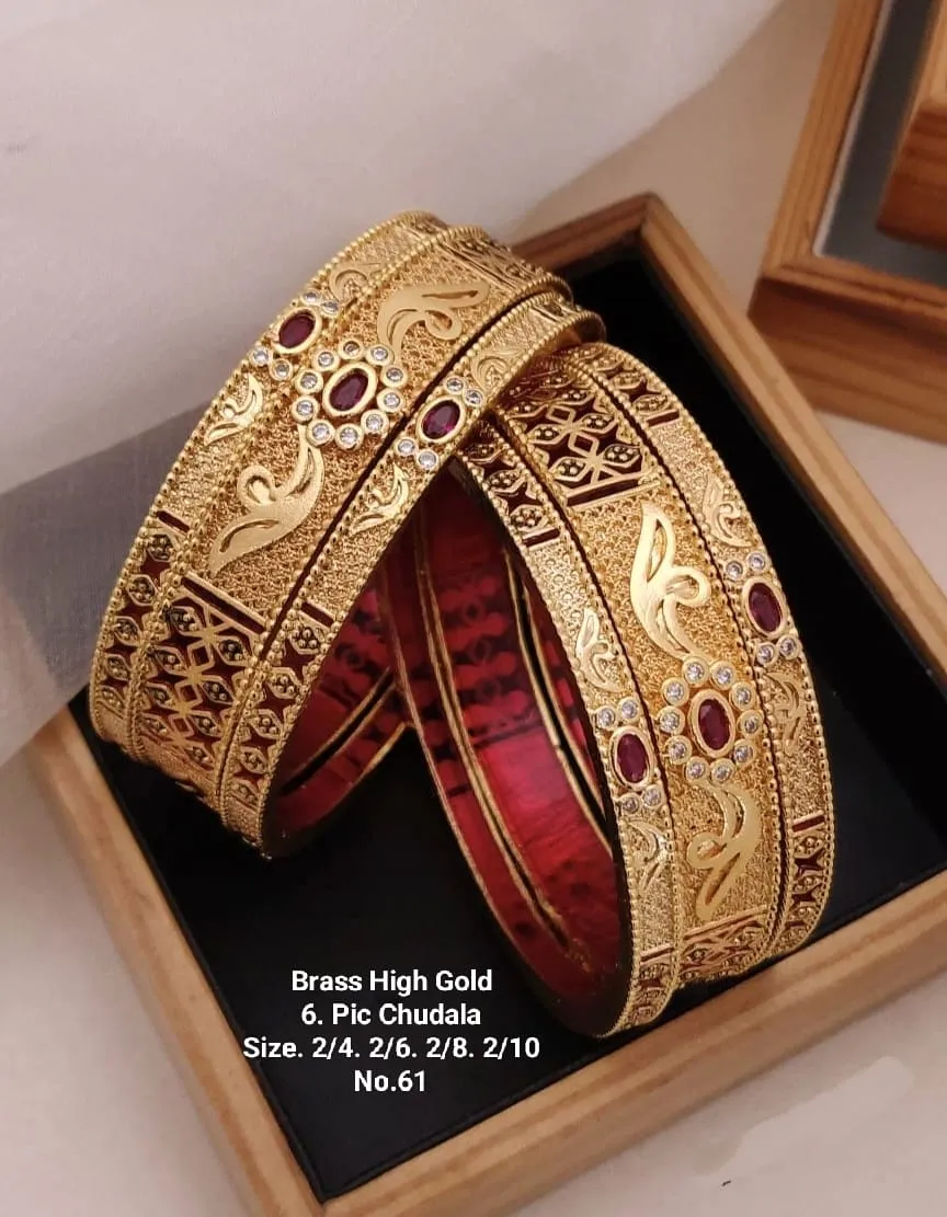 Brass high gold ruby stone engraved heavy bridal chudi bangles
