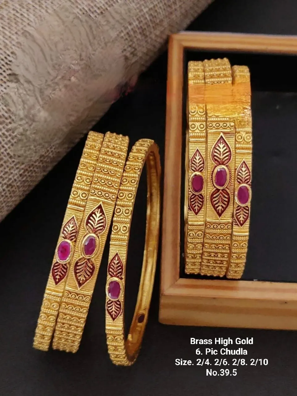 Brass high gold elegant ruby stone carved premium chudi set