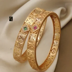 Heavy look kadli bangles with intricate carving and colorful stone centers