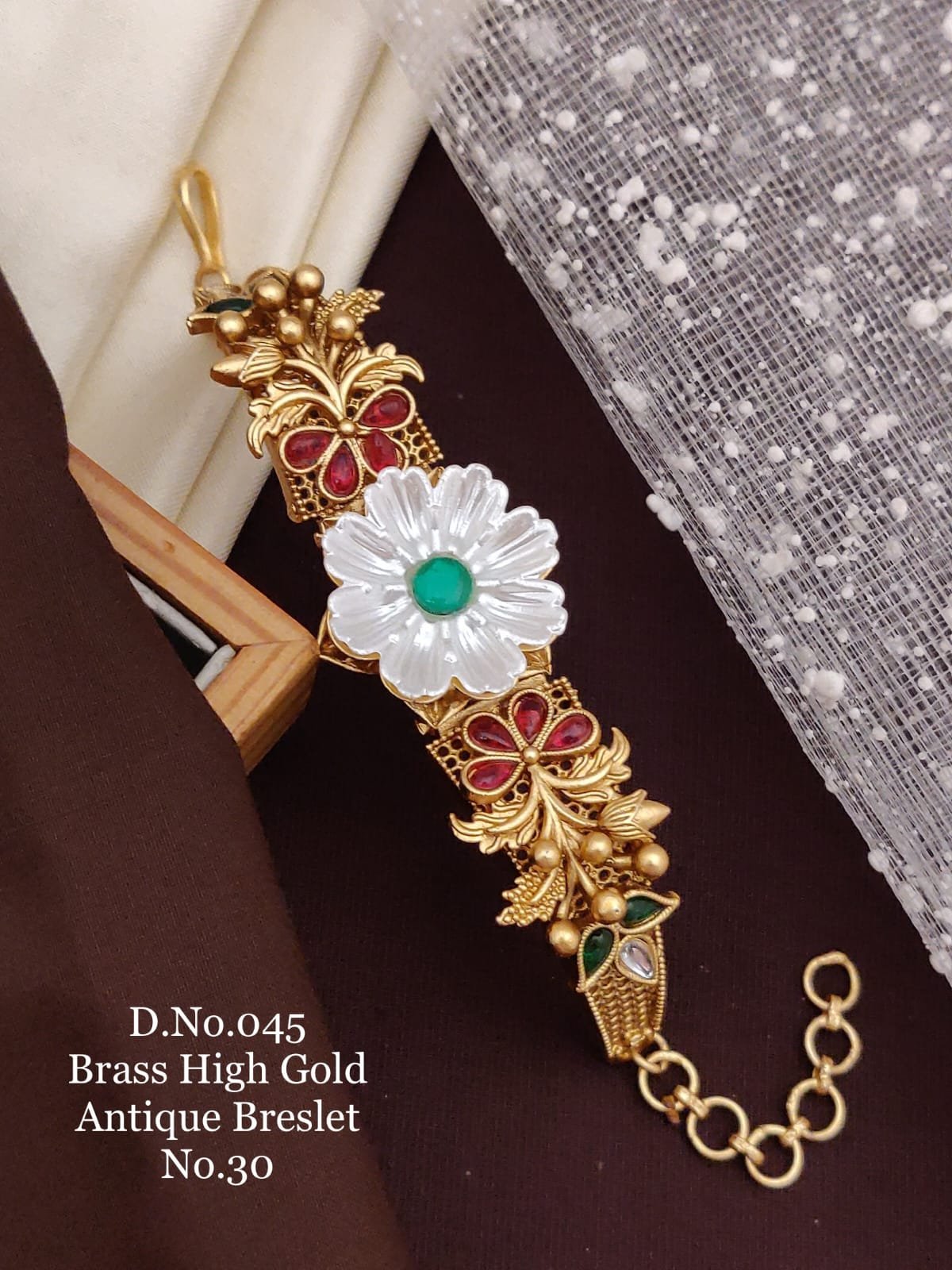 Brass high gold antique white flower designer bracelet