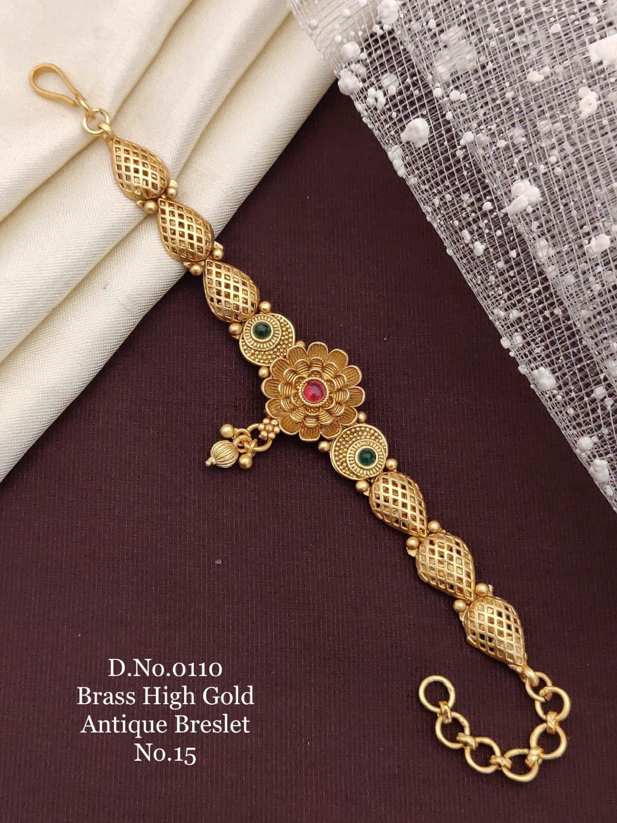 Brass high gold antique lotus leaf floral bracelet