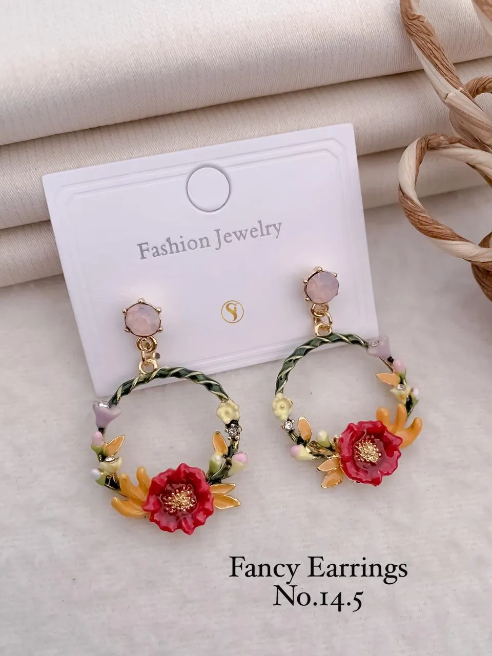 Bright red flower artistic hoop earrings