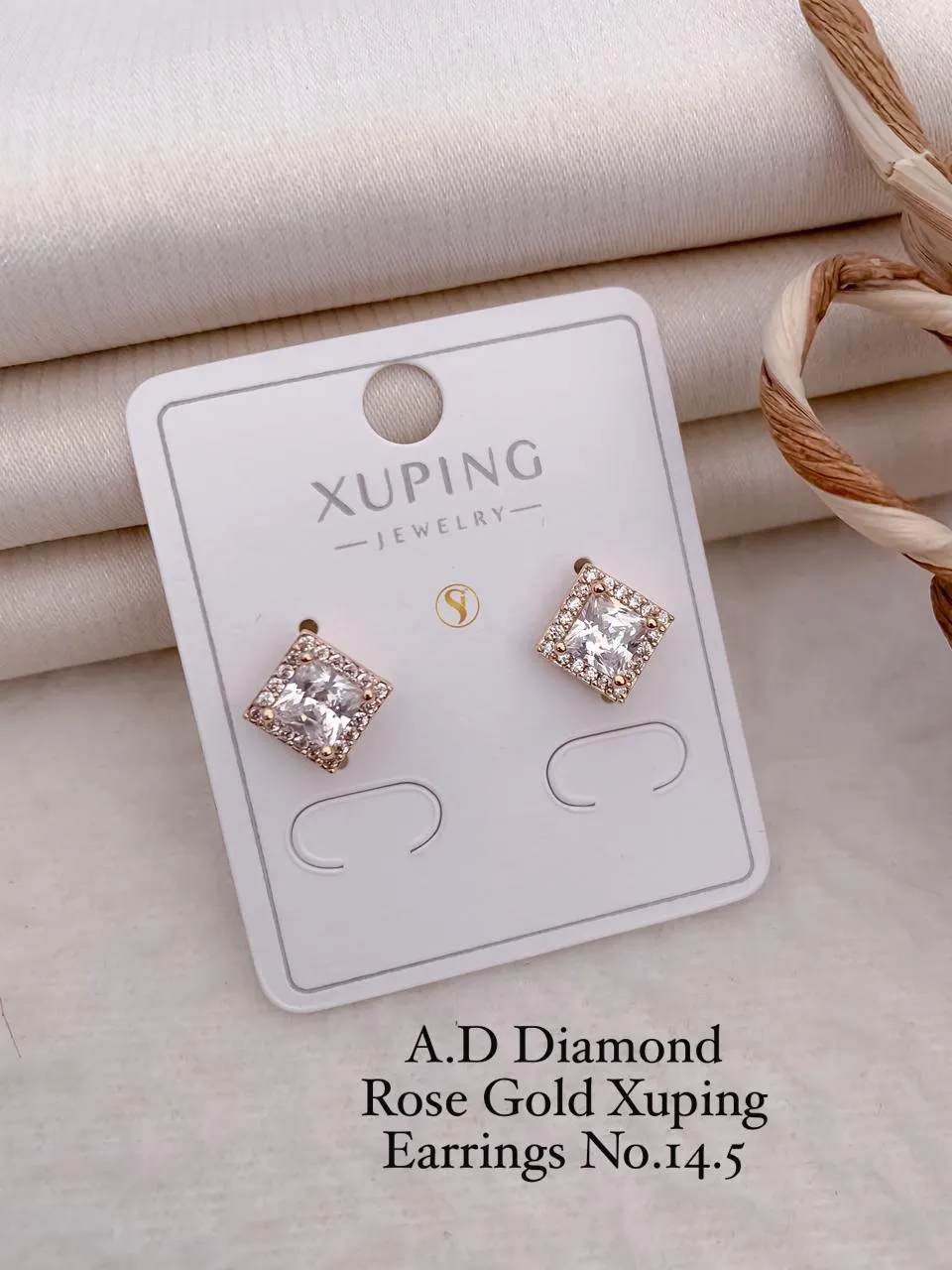 AD diamond rose gold classic square shine earrings