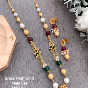 Classic gold and pearl mala set with ruby accents