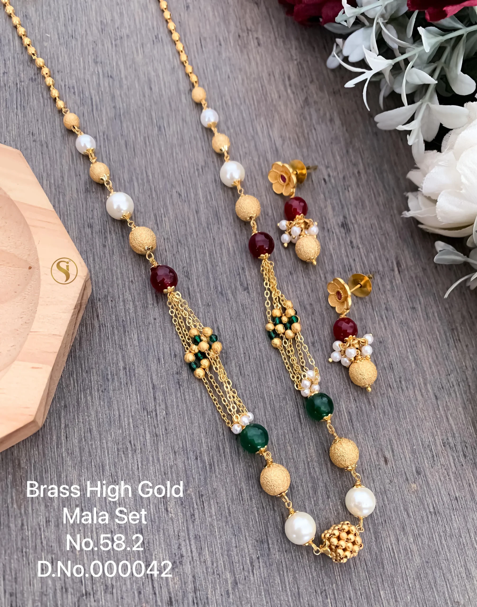 Classic gold and pearl mala set with ruby accents