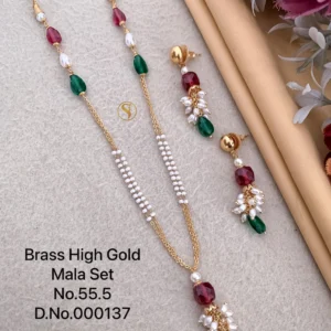 Brass high gold mala set with ruby green and pearl drops