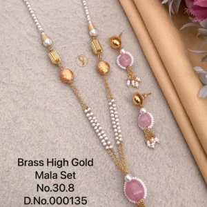 Brass high gold mala set with soft pink stone and pearl layering