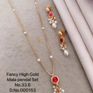 Fancy high gold mala pendant set with red stone and pearl drops