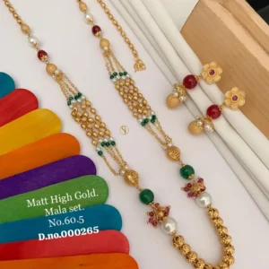 Matt high gold mala set with ruby green beads and classic pearls