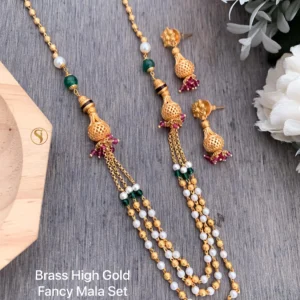Brass high gold green ruby beads layered pearl mala set