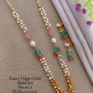 Fancy high gold mala set with pearl cluster and golden beads
