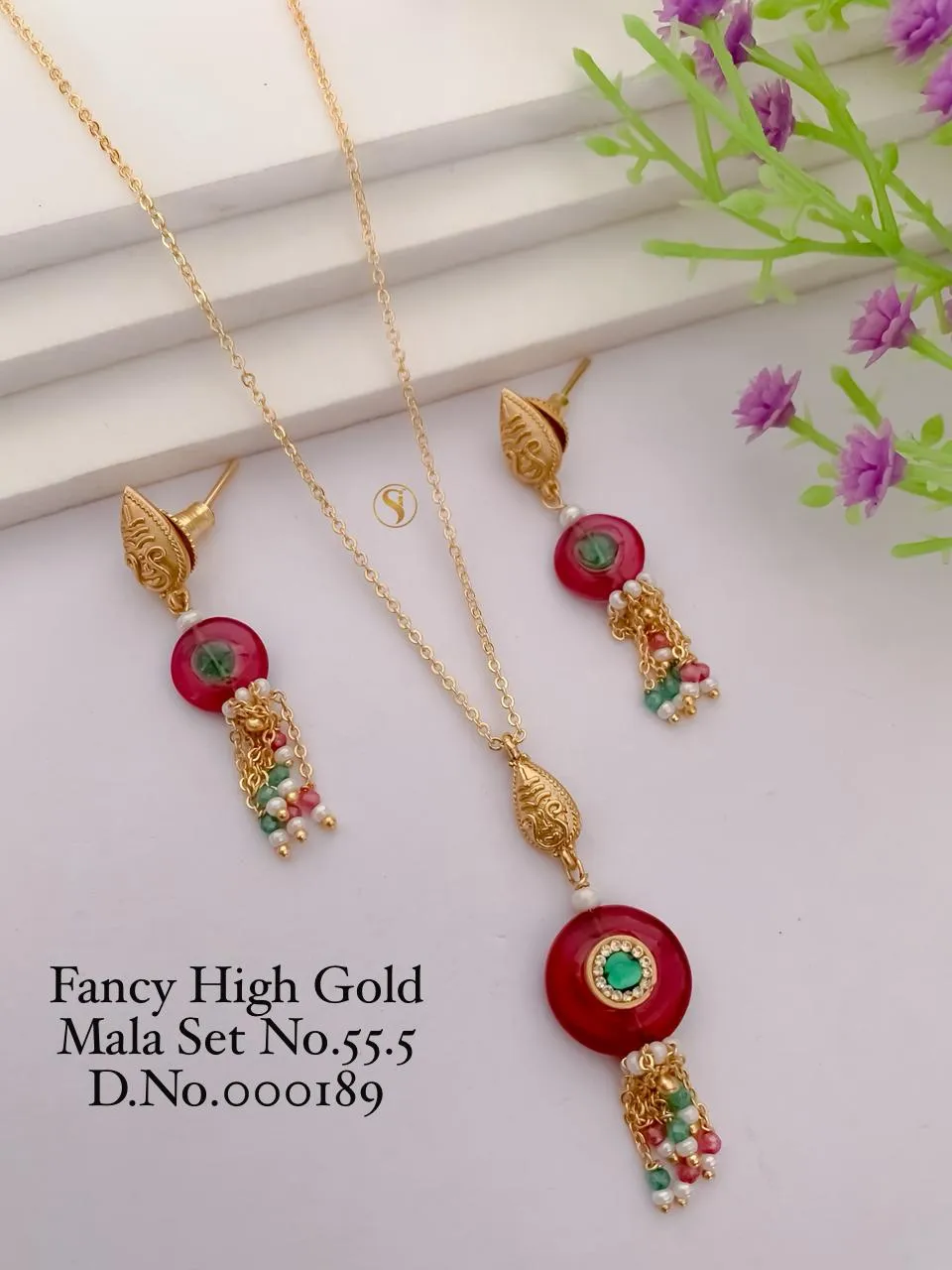 Fancy high gold red pearl mala set for women