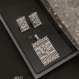 Elegant silver ad stone pendant earrings set with rectangle floral design