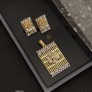 Dual tone gold and silver ad stone pendant earrings set with rectangle floral design