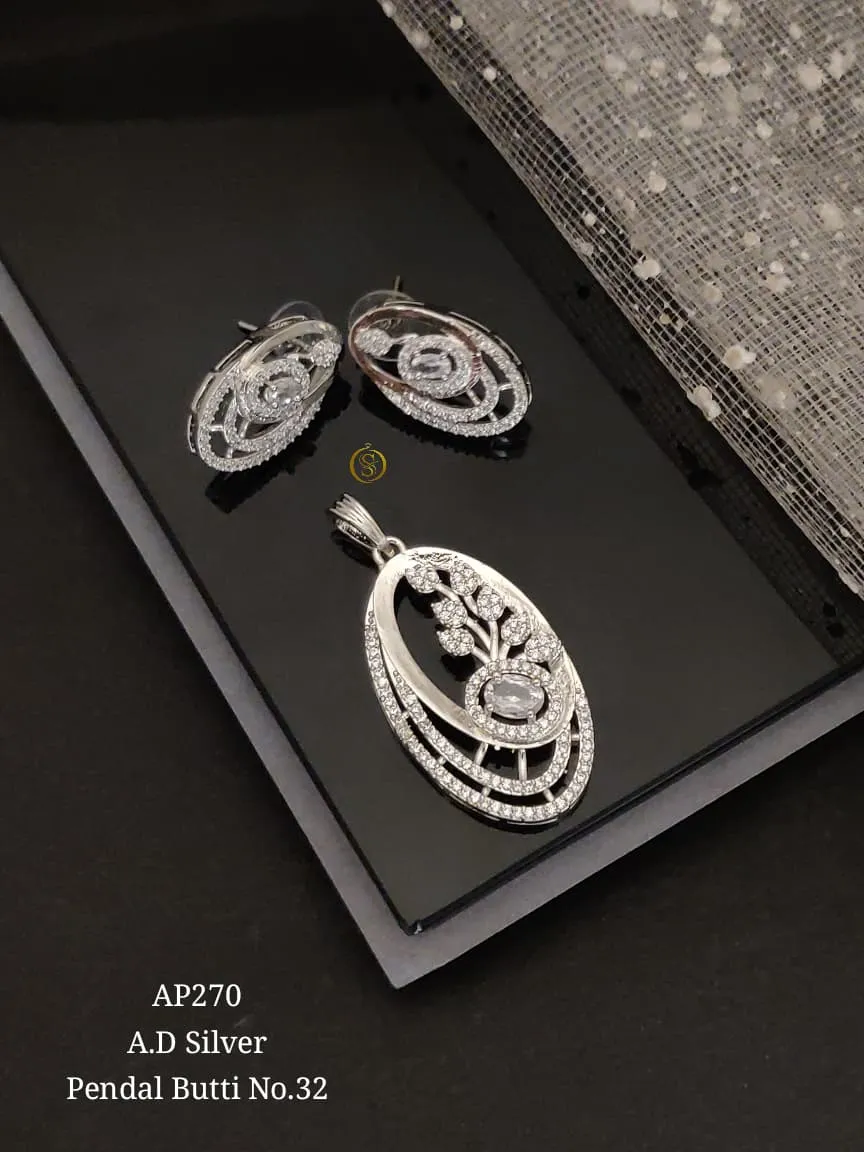 Classic silver ad stone pendant earrings set with oval layered design