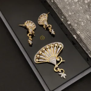 Designer gold ad stone pendant earrings set with fan style motif