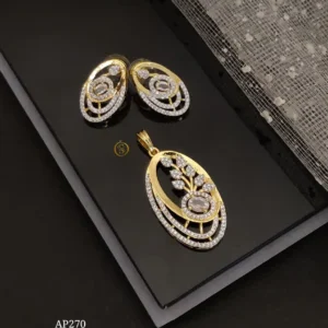 Dual tone gold and silver ad stone pendant earrings set with oval layered floral design