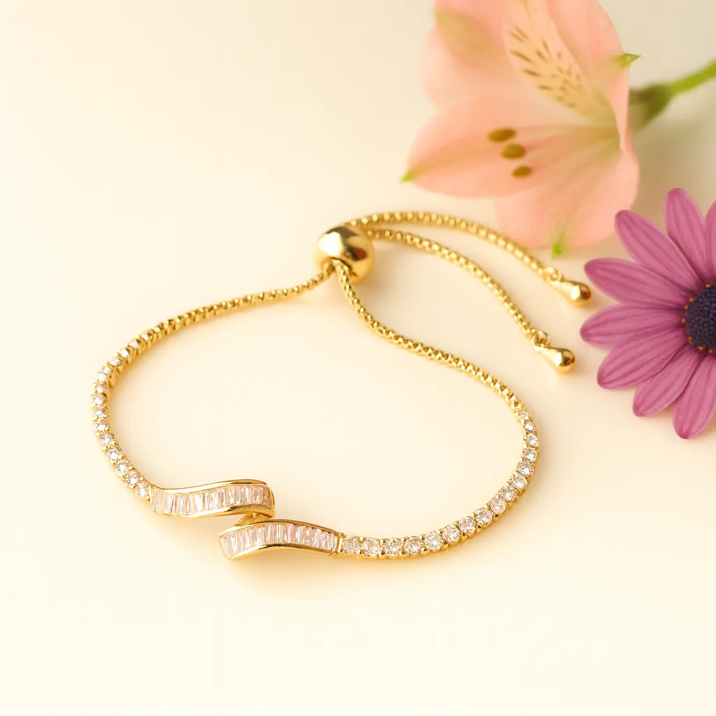 Elegant gold bracelet with baguette crystal curves