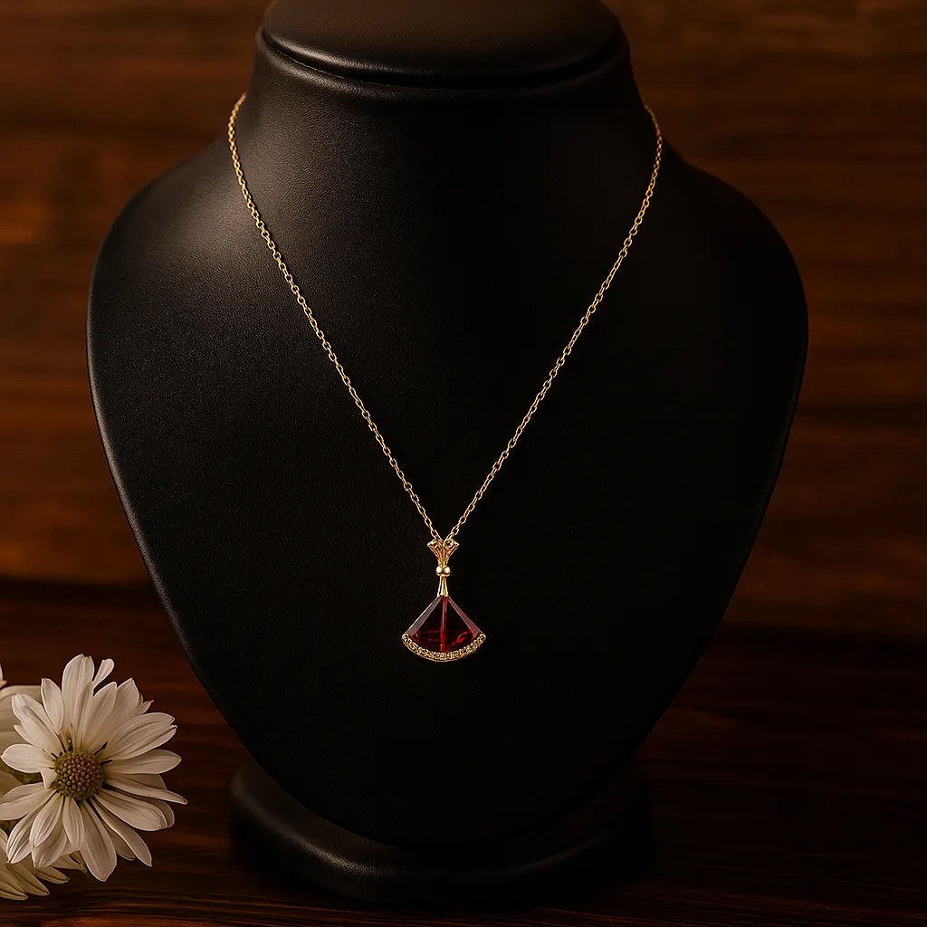 Beautiful Red Stone Pendant Gold Necklace With Crystal Detailing|