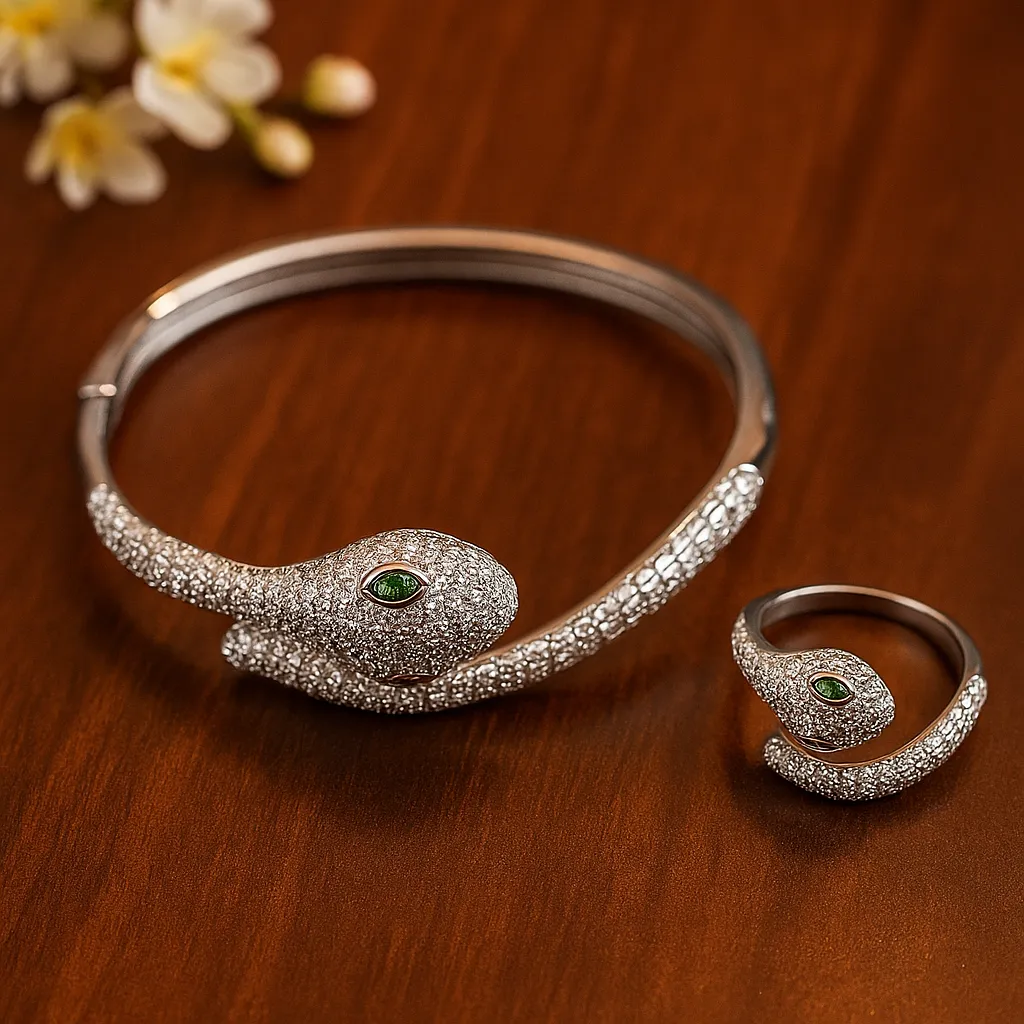 Elegant Snake Design Bracelet with Green Stone Eyes