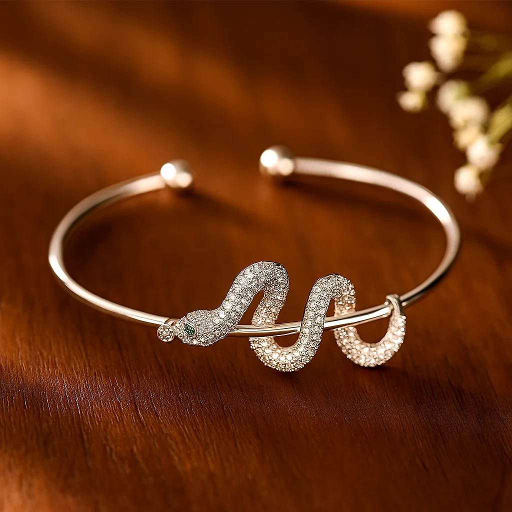 Wavy Snake Pattern Diamond Silver Bracelet