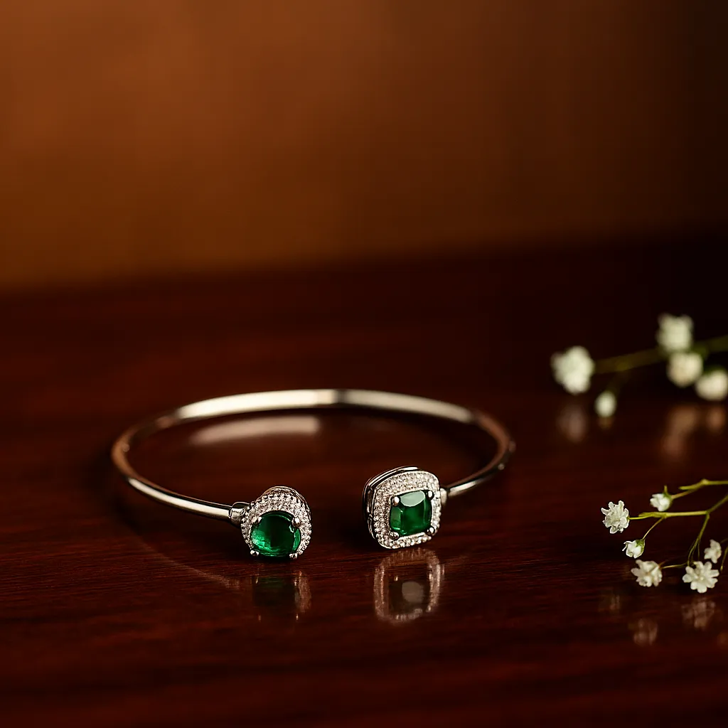 Dual Emerald Green Stone Designer Open Bracelet